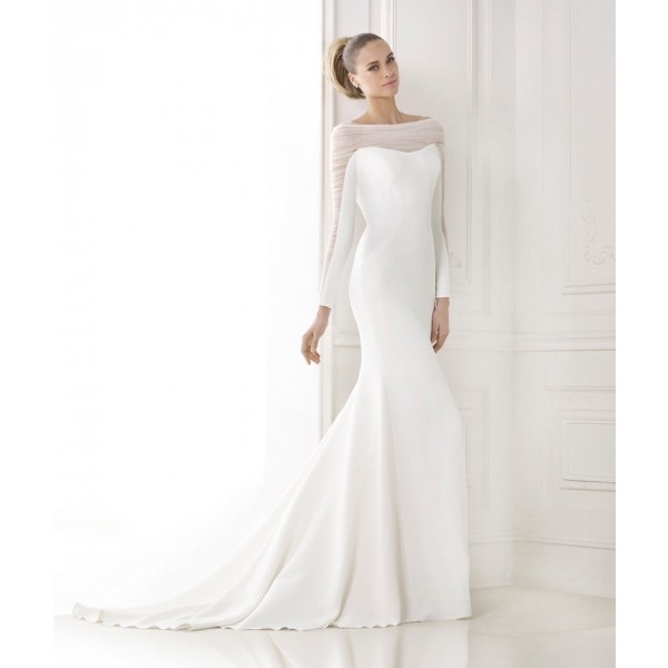 Sexy Trumpet/Mermaid Bateau Off-the-shoulder Sweep/Brush Train Satin&Tulle Wedding Dresses - Image 2