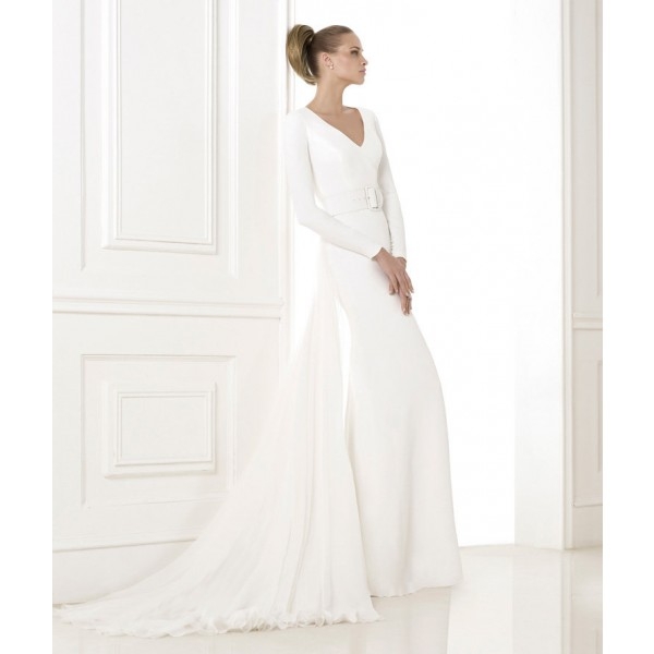 Sexy Trumpet/Mermaid V-neck Long Sleeve Buttons Sweep/Brush Train Satin&Chiffon Wedding Dresses - Image 2