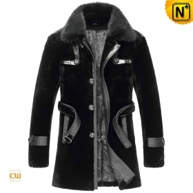 Shearling Sheepskin Mens Winter Fur Black Coat CW851285