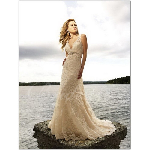 Sheath / Column Deep V-Neck Sleeveless Court Train Satin Lace Wedding Dress