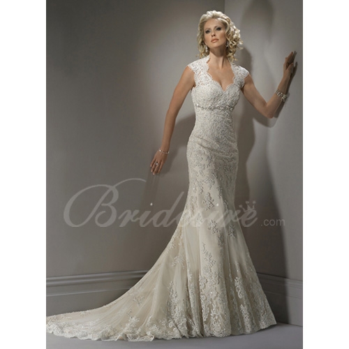 Sheath / Column High Mandarin Keyhole Sleeveless Court Train Lace Over Satin Wedding Dress