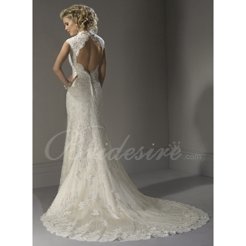 Sheath / Column High Mandarin Keyhole Sleeveless Court Train Lace Over Satin Wedding Dress - Image 2