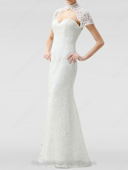 Sheath/Column High Neck Lace Satin Floor-length Draped Wedding Dresses