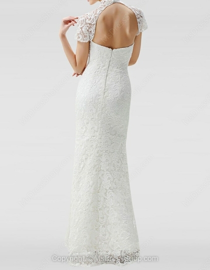 Sheath/Column High Neck Lace Satin Floor-length Draped Wedding Dresses - Image 2
