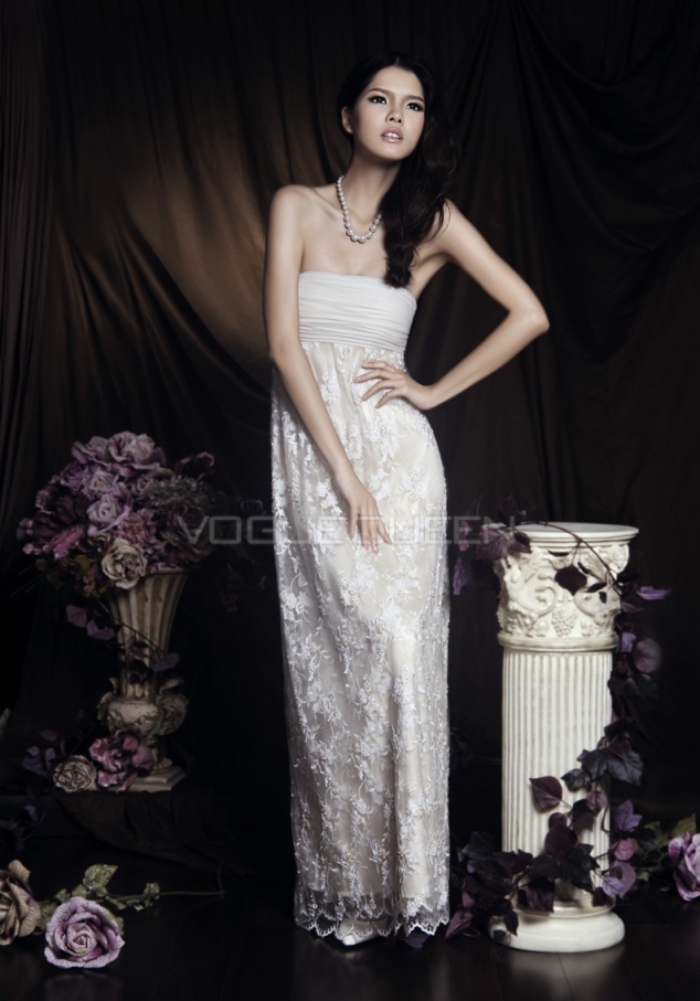 Sheath/ Column Lace Strapless Empire Wedding Gown