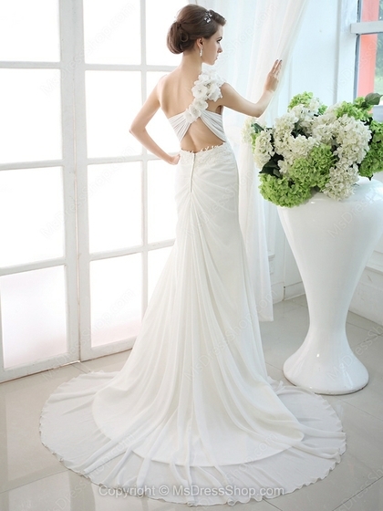 Sheath/Column One Shoulder Chiffon Court Train Flower(s) Wedding Dresses - Image 2