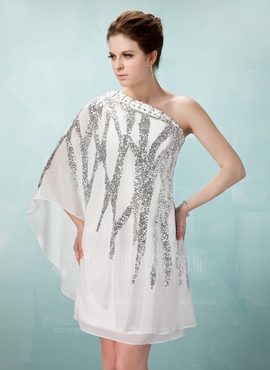 Sheath/Column One-Shoulder Knee-Length Chiffon Cocktail Dress With Beading Sequins (016008331)