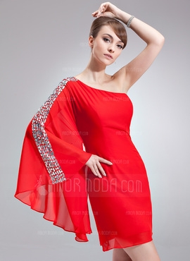 Sheath/Column One-Shoulder Short/Mini Chiffon Cocktail Dress With Beading (016008327)