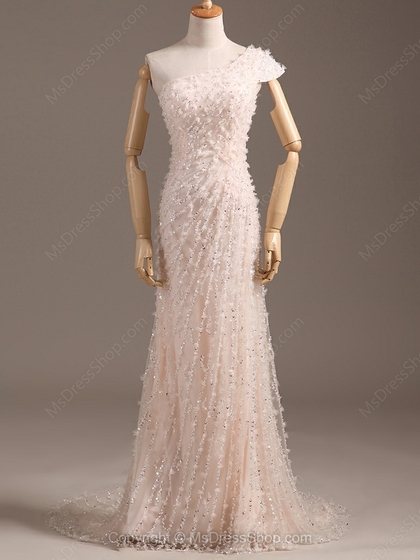Sheath/Column One Shoulder Tulle Satin Court Train Beading Wedding Dresses