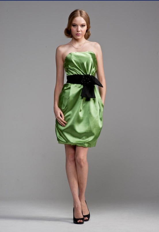 Sheath/ Column Short Length Satin Strapless Empire With Sash/ Ribbon Bridesmaid Gowns