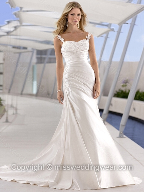 Sheath/Column Spaghetti Straps Satin Sweep Train Ivory Appliques Wedding Dresses
