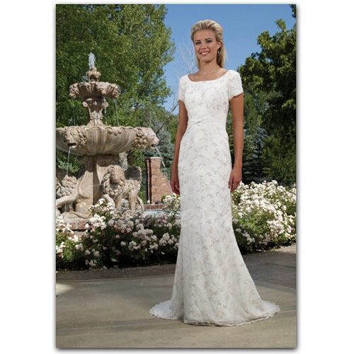 Sheath / Column Square Neck Short Sleeves Court Train Satin Lace Wedding Dress