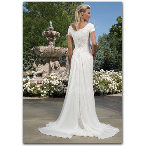 Sheath / Column Square Neck Short Sleeves Court Train Satin Lace Wedding Dress - Image 2