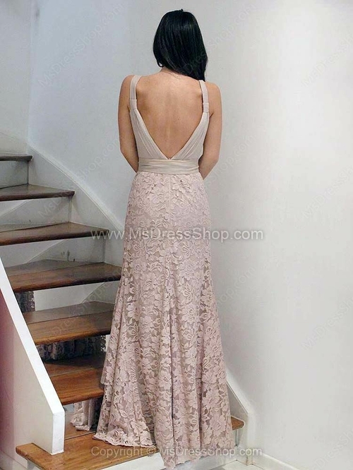 Sheath/Column Straps Lace Chiffon Floor-length Ruched Prom Dresses - Image 2