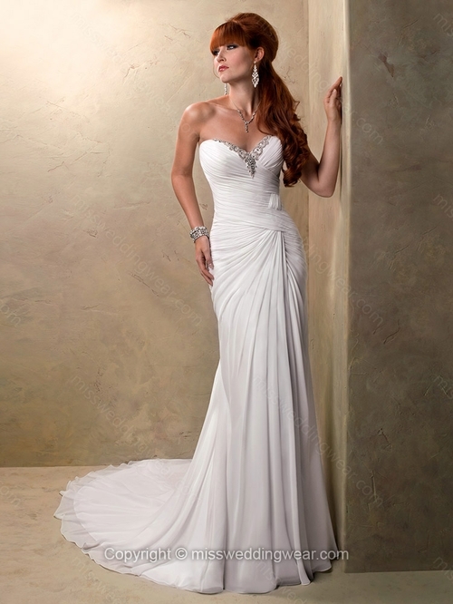 Sheath/Column Sweetheart Chiffon Court Train Beading Wedding Dresses