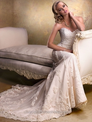 Sheath/Column Sweetheart Lace Satin Sweep Train Beading Ivory Wedding Dresses
