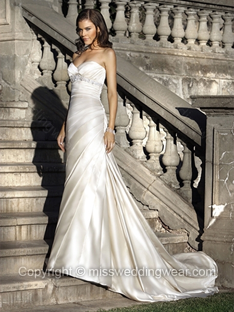 Sheath/Column Sweetheart Satin Chapel Train Ivory Ruffles Wedding Dresses