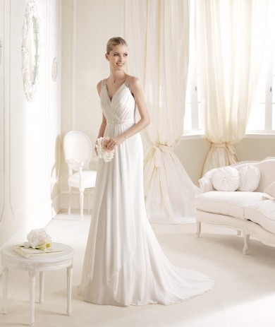 Sheath Column V Neck Chiffon Ivory Brush Train Wedding Dress B14l0002