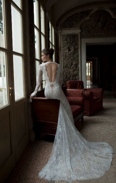 Sheath-Column V-neck Long Sleeve Sweep-Brush Train Lace Wedding Dress with Appliques LWAT14001
