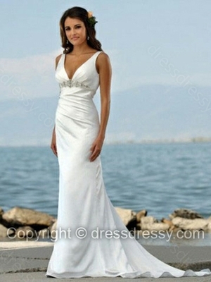 Sheath/Column V-neck Satin Sweep Train Beading Wedding Dresses