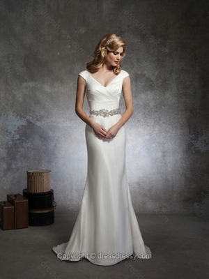 Sheath/Column V-neck Taffeta Sweep Train Draped Wedding Dresses