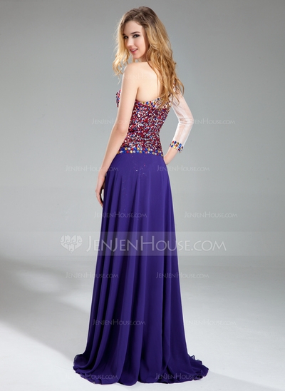 Sheath One-Shoulder Asymmetrical Detachable Chiffon Tulle Sequined Prom Dress With Beading - Image 2