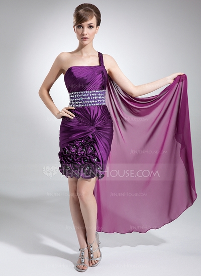 Sheath One-Shoulder Watteau Train Chiffon Charmeuse Prom Dress