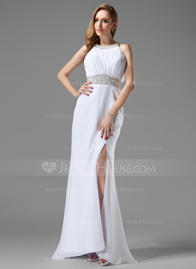 Sheath Scoop Neck Sweep Train Chiffon Prom Dress With Ruffle Beading