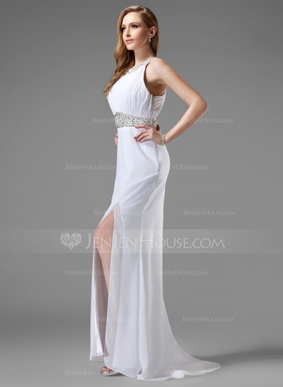 Sheath Scoop Neck Sweep Train Chiffon Prom Dress With Ruffle Beading - Image 2