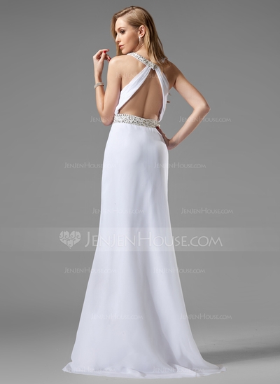 Sheath Scoop Neck Sweep Train Chiffon Prom Dress With Ruffle Beading - Image 3