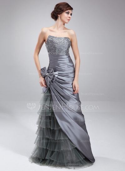Sheath Sweetheart Floor-Length Taffeta Tulle Prom Dress With Ruffle Beading Sequins #018004873