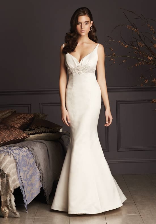 Sheath V Neck Sleeveless Empire Waist Floor Length Attached Satin Wedding Dress