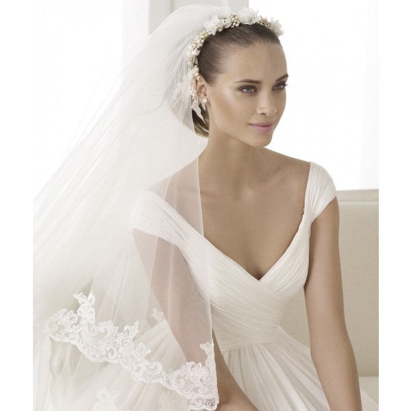 Simple A-line Off-the-shoulder V-neck Ruching Sweep/Brush Train Chiffon Wedding Dresses