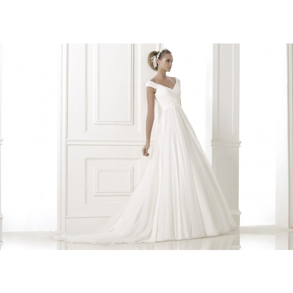 Simple A-line Off-the-shoulder V-neck Ruching Sweep/Brush Train Chiffon Wedding Dresses - Image 2