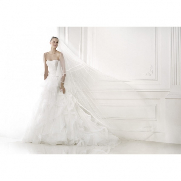 Simple A-line Strapless Cascading Ruffles Ruching Sweep/Brush Train Tulle Wedding Dresses