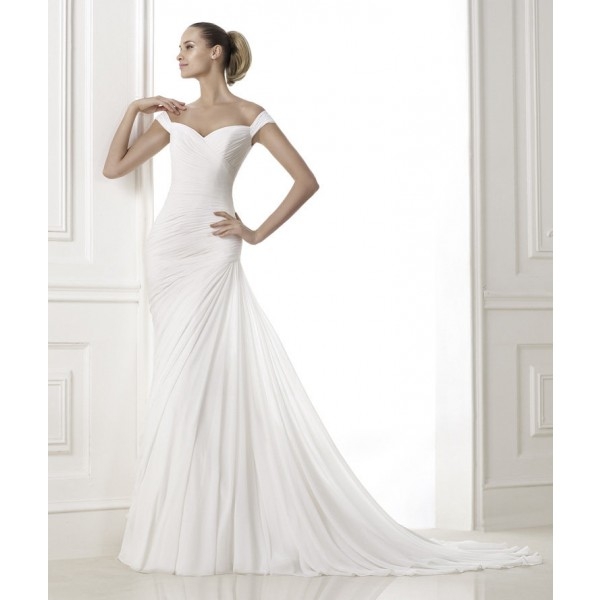 Simple Trumpet/Mermaid Off-the-shoulder Ruching Sweep/Brush Train Chiffon Wedding Dresses - Image 2