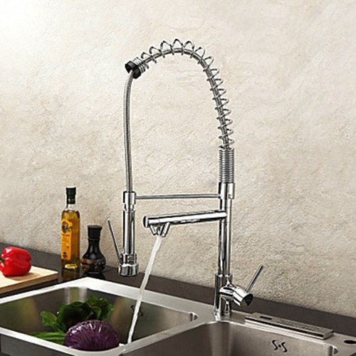 Single Handle Solid Brass Spring Kitchen Faucet with Two Spouts - Chrome Finish--FaucetSuperDeal.com