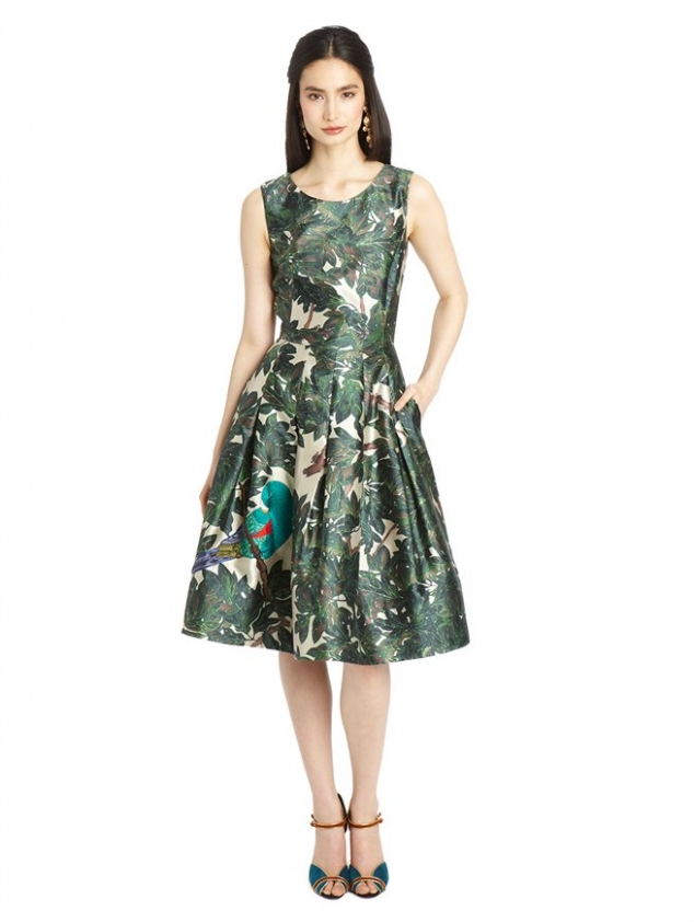 SLEEVELESS PARROT PRINT EMBROIDERED DRESS