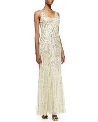 Sleeveless V-Neck Beaded & Sequined Gown