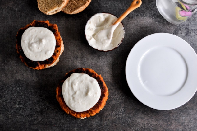 Smoky Sweet Potato Burgers with Roasted Garlic Cream and Avocado. - Image 2