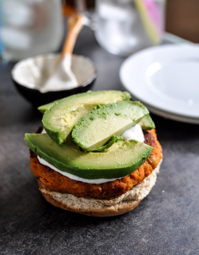 Smoky Sweet Potato Burgers with Roasted Garlic Cream and Avocado. - Image 3