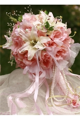 Soft Pink Silk Cloth Wedding Bridal Bouquet with White Lily 