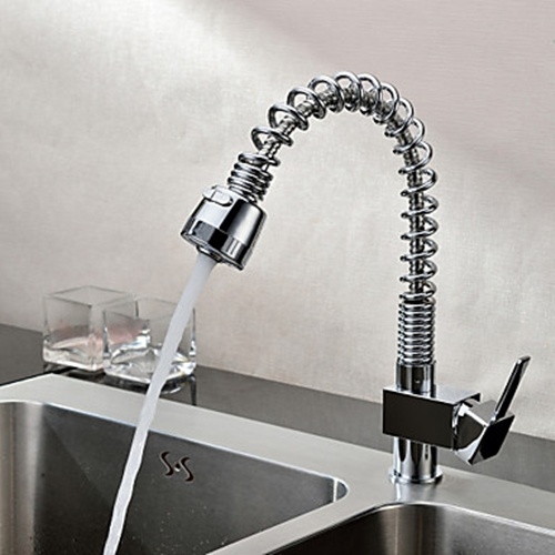 Solid Brass Single Handle Spring Pull Down Kitchen Faucet (Chrome Finish)-- FaucetSuperDeal.com