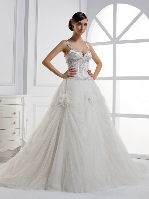 Spaghetti Straps Tulle Ball Gown Natural Waist With Beading Wedding Dress