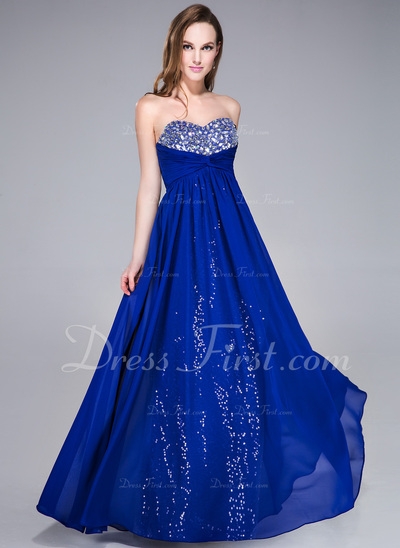 Srdcový výst?ih Délka na zem Chiffon Sequined Šaty na školní ples S Volán Zdobení korálky