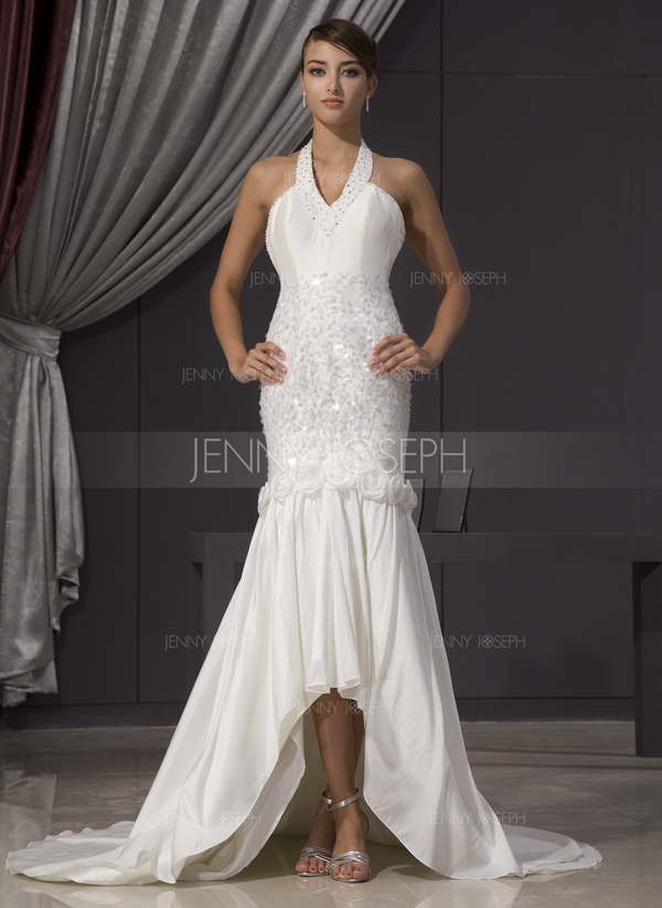 Stile sirena A bikini Asimmetrico Taffettà Abito per matrimonio con Perline Fiori Paillettes 