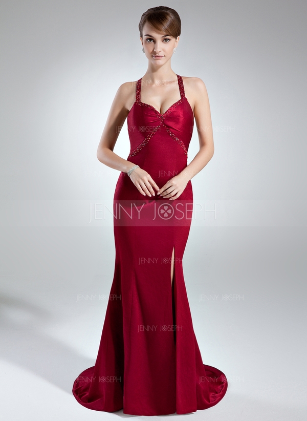 Stile sirena A cuore Sweep treno Charmeuse Abito da sera con Perline Spacco sul davanti 
