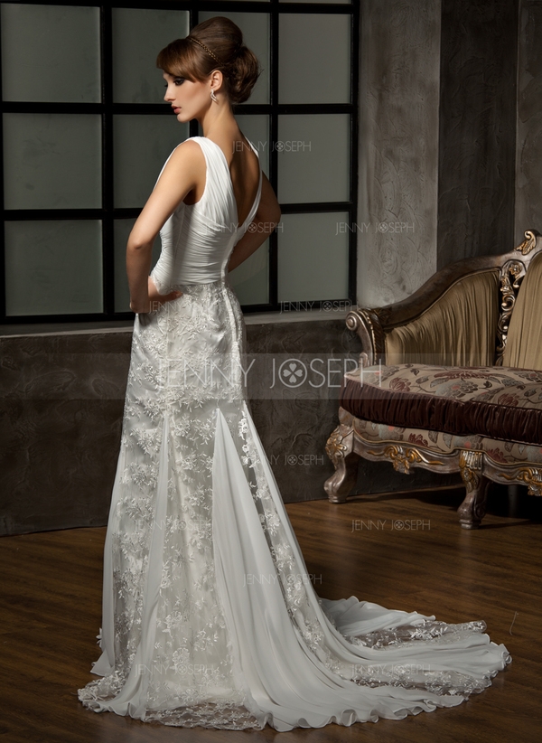 Stile sirena Scollatura a V Corte dei treni Chiffona Pizzo Abito per matrimonio con Increspature 