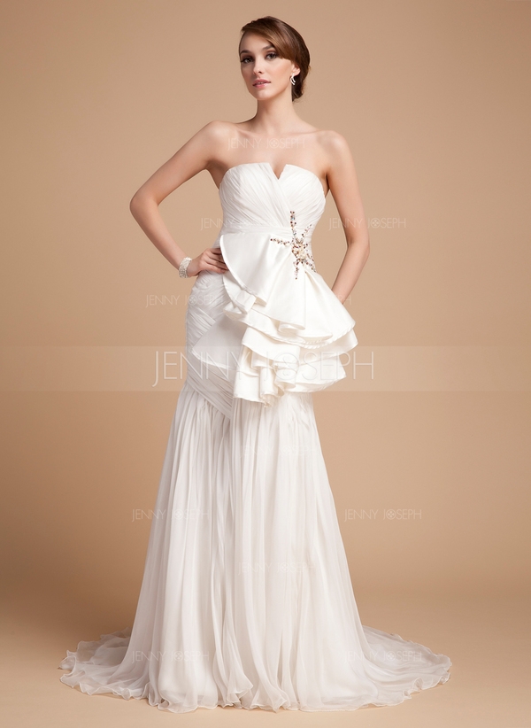 Stile sirena Scollatura a V Corte dei treni Chiffona Raso Abito per matrimonio con Perline Pieghe/In