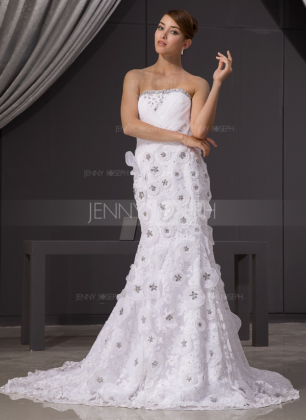 Stile sirena Senza spalline Cappella treno Del organza Pizzo Abito per matrimonio con Perline Fiori